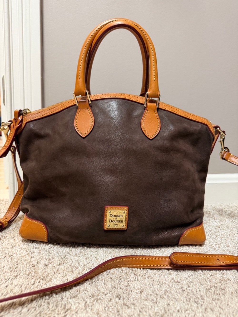 Dooney & Bourke Brown Domed Leather Satchel with Tan Trim